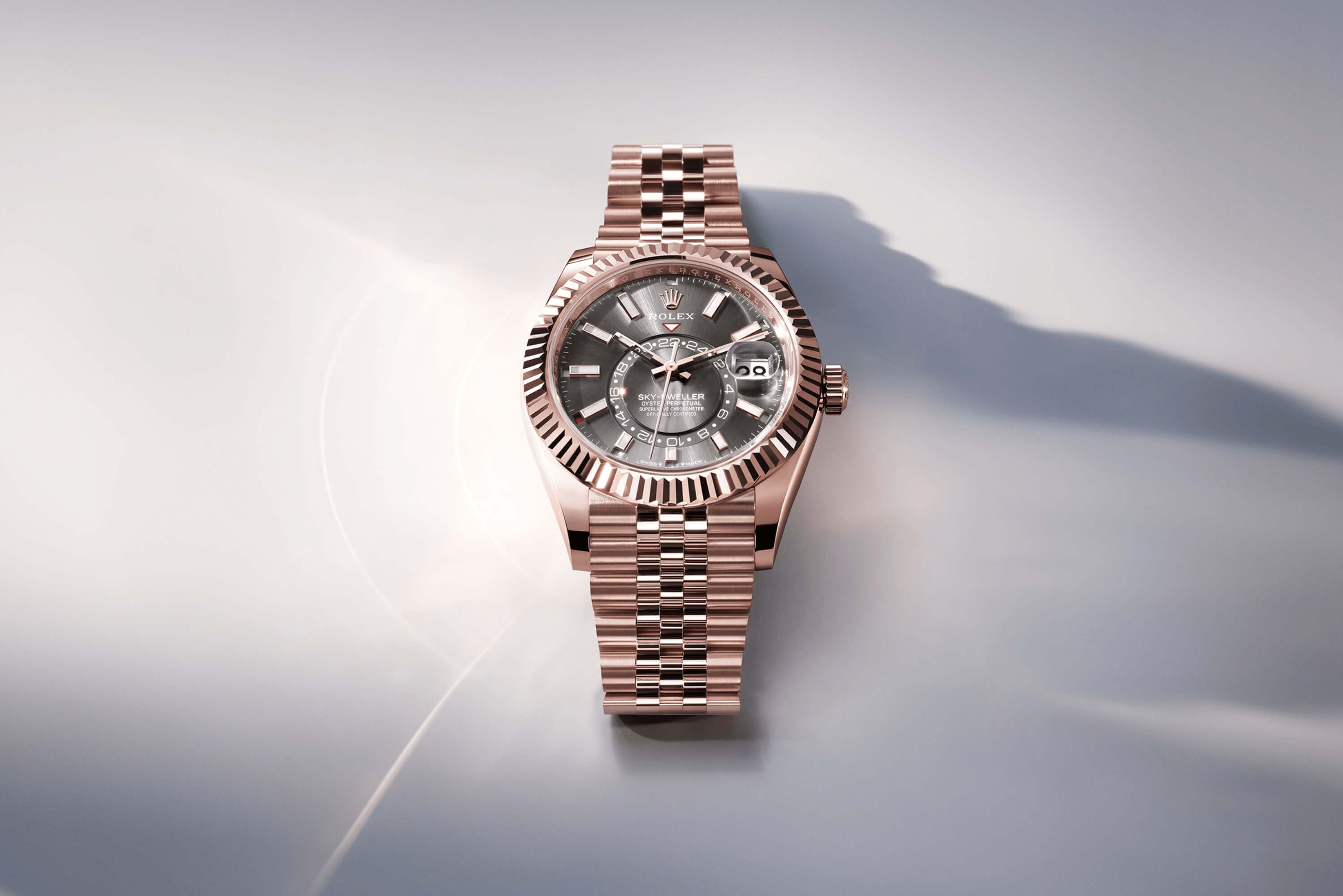 Rolex Sky-Dweller Luxury Clone watch in rose gold with grey dial – MyLuxReplica homepage banner.